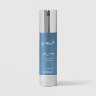 GlyMed Plus Ultra Hydro Gel in white pump bottle with silver pump and blue label, 1.69 oz, on light gray background