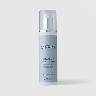 GlyMed Plus Vitamin C Cleanser in white pump bottle with silver collar and light blue label, 6.75 oz, on light gray background