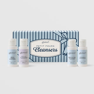 GlyMed Plus Petit Fours Cleansers kit with four 1 fl oz mini cleansers: Mega Cream, Idyllic, Gentle Gel, Vitamin C