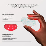 Omnilux Mini Eye Brightener infographic showing the device held in a hand glowing red, alongside a callout of its two clinically tested wavelengths: red light at 633nm to promote cellular activity and near-infrared light at 830nm to stimulate collagen production for firmer, more radiant skin