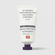 HOP House of PLLA All Mineral Multi-Protection Face and Body Sunscreen SPF50 PA++++ white tube with purple screw cap broad spectrum UVA UVB and blue light protection with PLLA and 4GF by TOV Medical Aesthetics