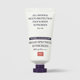 HOP House of PLLA All Mineral Multi-Protection Face and Body Sunscreen SPF50 PA++++ white tube with purple screw cap broad spectrum UVA UVB and blue light protection with PLLA and 4GF by TOV Medical Aesthetics