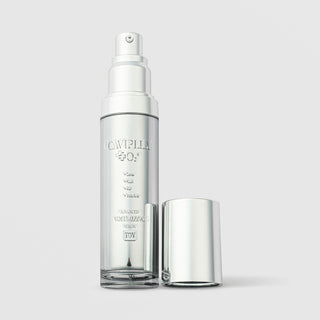 TOV CaviPLLA Plus O2 Advanced Volumizing Serum 1oz silver airless pump bottle with cap removed, Caviar PLLA 4GF Volufiline