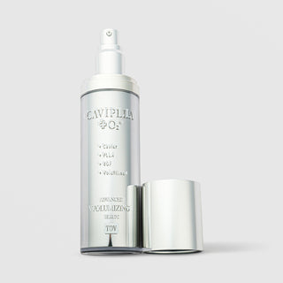 TOV CaviPLLA Plus O2 Advanced Volumizing Serum 4oz large silver airless pump bottle with cap removed, Caviar PLLA 4GF Volufiline