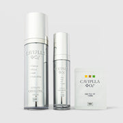 TOV CaviPLLA Plus O2 Advanced Volumizing Serum range showing large and small silver pump bottles alongside single-use sachet, Caviar PLLA 4GF Volufiline