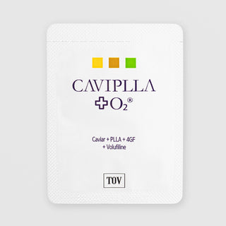 TOV CaviPLLA Plus O2 single-use sachet with yellow brown and green colour squares, Caviar PLLA 4GF Volufiline advanced volumizing serum