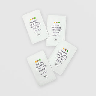 TOV PLLA Pro Micro Peel The Weekly Refiner single-use sachets, set of four packets displayed on light grey background, featuring PLLA plus 4GF AHA BHA PHA formula