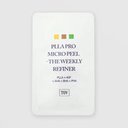 TOV PLLA Pro Micro Peel The Weekly Refiner single-use sachet with yellow brown and green colour squares, white foil packaging on grey background, PLLA plus 4GF AHA BHA PHA exfoliating treatment