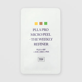 TOV PLLA Pro Micro Peel The Weekly Refiner single-use sachet with yellow brown and green colour squares, white foil packaging on grey background, PLLA plus 4GF AHA BHA PHA exfoliating treatment