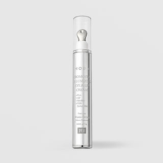 HOP+ TOV Promoter Volumizing Eye and Lip Cream, silver airless pump bottle with metal ball applicator, 15g, PLLA 4GF Volufiline PDRN wrinkle-defying volume treatment