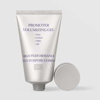 TOV HOP+ Promoter Volumizing Gel silver aluminium tube with cap removed, PLLA Azulene PDRN 4GF high performance multi-purpose complex