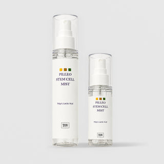 HOP Pilleo Stem Cell Mist 120ml and 50ml sizes shown together clear spray bottles with poly-L-lactic acid by TOV Medical Aesthetics