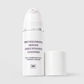 TOV HOP+ Pro Volumizing Mousse Daily Foaming Cleanser white foaming pump bottle with cap removed, PLLA Centella Asiatica Panthenol Royal Jelly