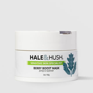 Hale & Hush Sensitive Skin Specialist Berry Boost Mask fortify and replenish face mask in a white jar with teal botanical leaf design, 3 oz / 86g, on a light gray background