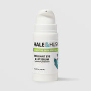 Hale & Hush Sensitive Skin Specialist Brilliant Eye & Lip Serum hydration perfection in a white airless pump bottle with teal botanical leaf design, 8g / 0.28 oz, on a light gray background