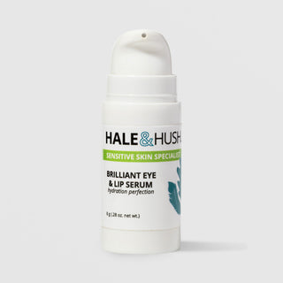 Hale & Hush Sensitive Skin Specialist Brilliant Eye & Lip Serum hydration perfection in a white airless pump bottle with teal botanical leaf design, 8g / 0.28 oz, on a light gray background