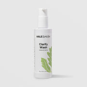 Hale & Hush Clarify Wash renew and revive facial cleanser in a white pump bottle with green leaf botanical design, 185g / 6.5 oz, on a light gray background