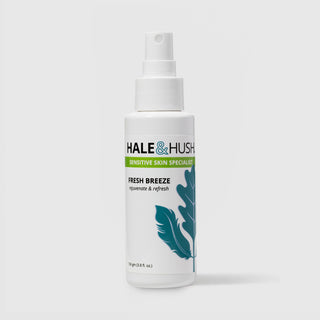 Hale & Hush Sensitive Skin Specialist Fresh Breeze rejuvenate and refresh facial mist in a white spray bottle with blue botanical leaf design, 106g / 3.8 fl oz, on a light gray background