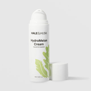 Hale & Hush HydroMelon Cream nourish and restore moisturizer in a white airless pump bottle with cap removed, 50ml / 1.69 fl oz, on a light gray background