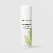 Hale & Hush HydroMelon Cream nourish and restore moisturizer in a white airless pump bottle with green leaf botanical design, 50ml / 1.69 fl oz, on a light gray background