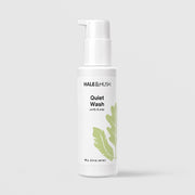 Hale & Hush Quiet Wash purify and prep facial cleanser in a white pump bottle with green leaf botanical design, 96g / 3.4 oz, on a light gray background
