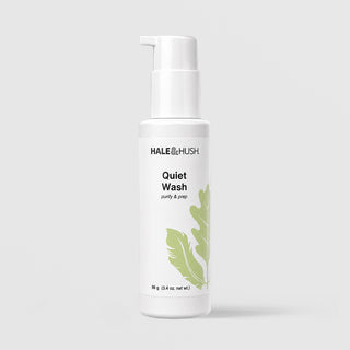 Hale & Hush Quiet Wash purify and prep facial cleanser in a white pump bottle with green leaf botanical design, 96g / 3.4 oz, on a light gray background