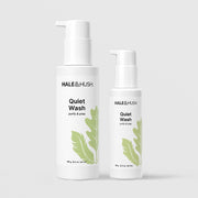 Hale & Hush Quiet Wash purify and prep facial cleanser shown in two sizes, 6.4 oz and 3.4 oz white pump bottles with green leaf botanical design, on a light gray background