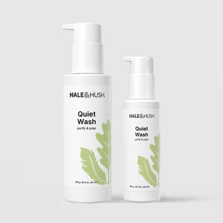 Hale & Hush Quiet Wash purify and prep facial cleanser shown in two sizes, 6.4 oz and 3.4 oz white pump bottles with green leaf botanical design, on a light gray background