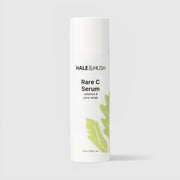 Hale & Hush Rare C Serum radiance and pore rehab vitamin C serum in a white airless pump bottle with cap on and green leaf botanical design, 50ml / 1.69 fl oz, on a light gray background
