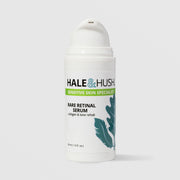 Hale & Hush Sensitive Skin Specialist Rare Retinal Serum collagen and tone rehab facial serum in a white airless pump bottle with blue botanical leaf design, 30ml / 1.0 fl oz, on a light gray background