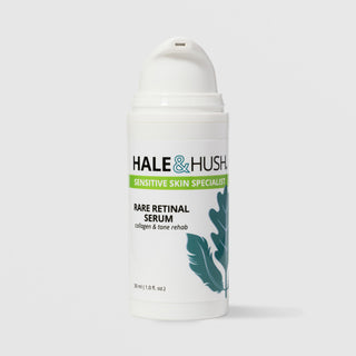 Hale & Hush Sensitive Skin Specialist Rare Retinal Serum collagen and tone rehab facial serum in a white airless pump bottle with blue botanical leaf design, 30ml / 1.0 fl oz, on a light gray background