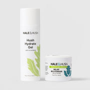 Hale & Hush Redness Relief Duo featuring the Hush Hydrate Gel 50g pump bottle alongside the Relief Bio-Powder 10g jar, both with signature botanical leaf design on white packaging