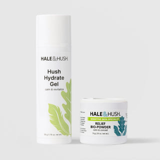 Hale & Hush Redness Relief Duo featuring the Hush Hydrate Gel 50g pump bottle alongside the Relief Bio-Powder 10g jar, both with signature botanical leaf design on white packaging