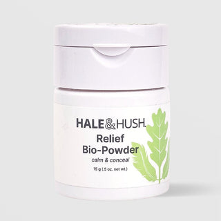 Bottle of Hale & Hush Relief Bio Powder on a grey background