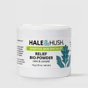 Hale & Hush Sensitive Skin Specialist Relief Bio-Powder calm and conceal facial powder in a white jar with teal botanical leaf design, 10g / 0.35 oz, on a light gray background