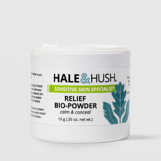 Hale & Hush Sensitive Skin Specialist Relief Bio-Powder calm and conceal facial powder in a white jar with teal botanical leaf design, 10g / 0.35 oz, on a light gray background