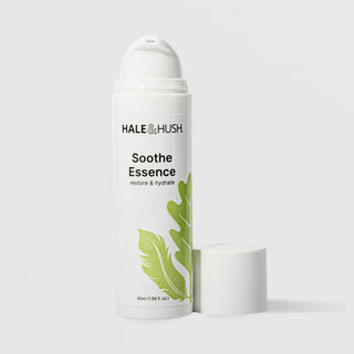 Hale & Hush Soothe Essence restore and hydrate facial essence in a white airless pump bottle with cap removed and green leaf botanical design, 50ml / 1.69 fl oz, on a light gray background
