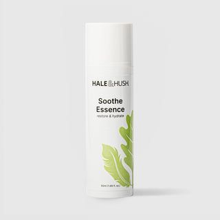 Hale & Hush Soothe Essence restore and hydrate facial essence in a white airless pump bottle with cap on and green leaf botanical design, 50ml / 1.69 fl oz, on a light gray background