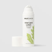 Hale & Hush Vital Lipid Lotion barrier repair and defend moisturizer in a white airless pump bottle with cap removed and green leaf botanical design, 49.5g / 1.75 oz, on a light gray background