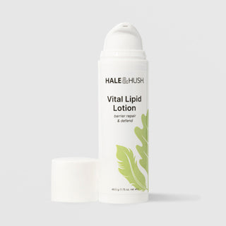 Hale & Hush Vital Lipid Lotion barrier repair and defend moisturizer in a white airless pump bottle with cap removed and green leaf botanical design, 49.5g / 1.75 oz, on a light gray background