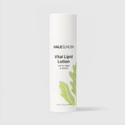 Hale & Hush Vital Lipid Lotion barrier repair and defend moisturizer in a white airless pump bottle with cap on and green leaf botanical design, 49.5g / 1.75 oz, on a light gray background