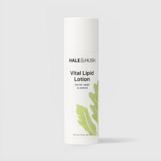 Hale & Hush Vital Lipid Lotion barrier repair and defend moisturizer in a white airless pump bottle with cap on and green leaf botanical design, 49.5g / 1.75 oz, on a light gray background
