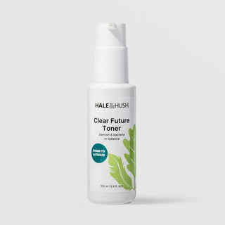 Hale & Hush Clear Future Toner blemish and bacteria re-balance toner with shake to activate badge in a white pump bottle with green leaf botanical design, 100ml / 3.4 fl oz, on a light gray background