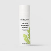 Hale & Hush Saffron Meristem Cream optimal moisture and comfort moisturizer in a white airless pump bottle with cap on and green leaf botanical design, 50g / 1.76 oz, on a light gray background