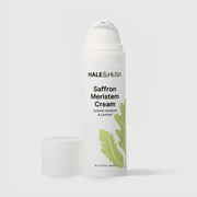 Hale & Hush Saffron Meristem Cream optimal moisture and comfort moisturizer in a white airless pump bottle with cap removed and green leaf botanical design, 50g / 1.76 oz, on a light gray background