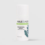 Hale & Hush Sensitive Skin Specialist Rare Retinal Serum collagen and tone rehab facial serum in a white airless pump bottle with cap on and teal botanical leaf design, 30ml / 1.0 fl oz, on a light gray background
