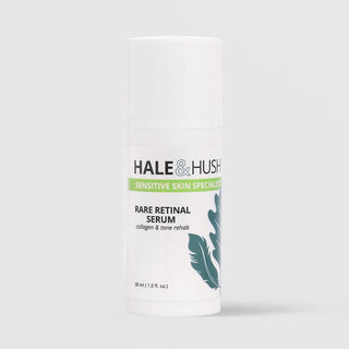 Hale & Hush Sensitive Skin Specialist Rare Retinal Serum collagen and tone rehab facial serum in a white airless pump bottle with cap on and teal botanical leaf design, 30ml / 1.0 fl oz, on a light gray background