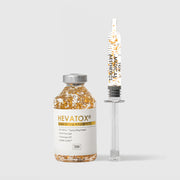 Hevatox Gold Lifting Ampoule vial and syringe applicator with 99.9% pure gold flakes, SP1-NPTox topical lifting protein, Theramogen ATC, and DERMA-CLERA by TOV Medical Aesthetics
