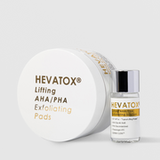 Hevatox Lifting AHA PHA Exfoliating Pads jar with lid and exfoliating solution vial with SP1-NPTox topical lifting protein, glycolic acid AHA, gluconolactone PHA, Theramogen ATC, and DERMA-CLERA by TOV Medical Aesthetics