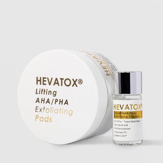 Hevatox Lifting AHA PHA Exfoliating Pads jar with lid and exfoliating solution vial with SP1-NPTox topical lifting protein, glycolic acid AHA, gluconolactone PHA, Theramogen ATC, and DERMA-CLERA by TOV Medical Aesthetics